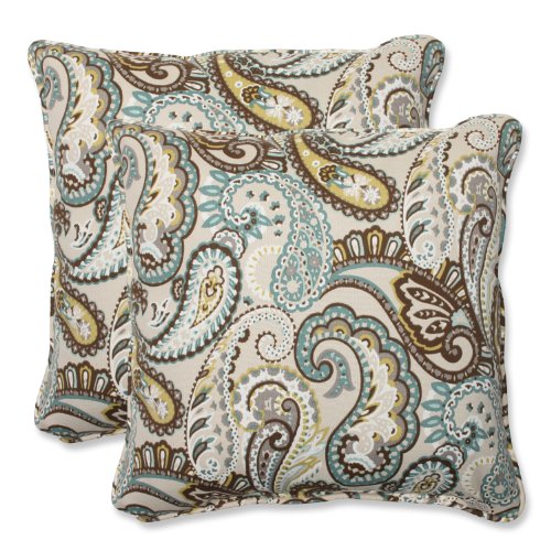 Pillow Perfect Paisley Outdoor/Indoor Throw Pillow Plush Fill, Weather, and Fade Resistant, Throw - 18.5" x 18.5" Blue/Brown Tamara Quartz, 2 Count