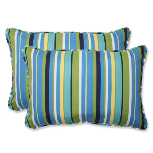 Pillow Perfect Stripe Outdoor Throw Accent Pillow, Plush Fill, Weather, and Fade Resistant, Large Lumbar - 16.5" x 24.5", Blue/Green Topanga, 2 Count