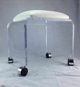 one stop plastic shop clear acrylic vanity bench with white vinyl cushion and chrome casters