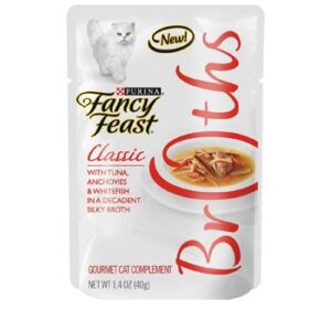 fancy feast broths classic tuna, anchovies & whitefish cat food complement, 1.4 oz, 16 pouches