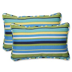 pillow perfect stripe outdoor throw accent pillow, plush fill, weather, and fade resistant, small lumbar - 11.5" x 18.5", blue/green topanga, 2 count