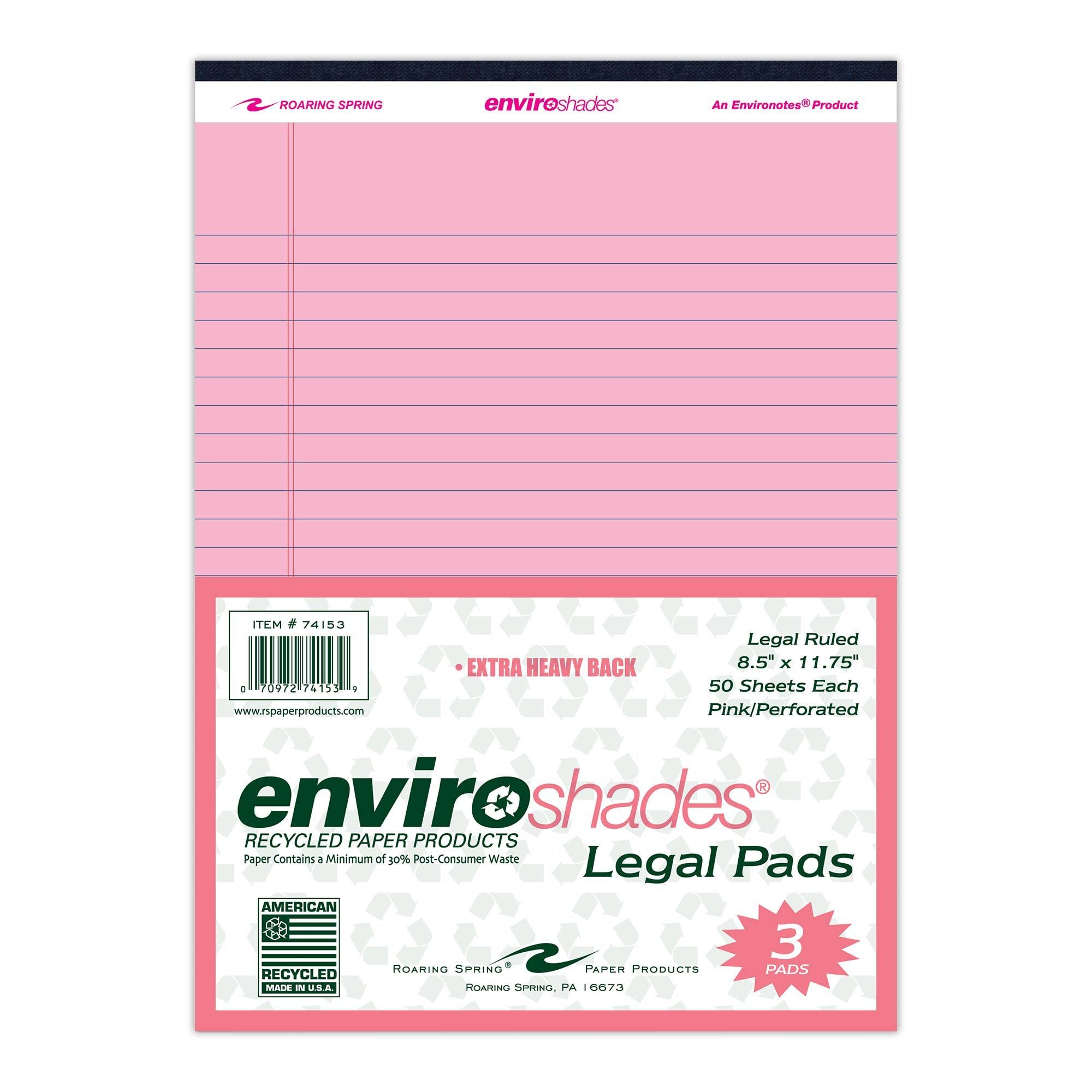 ROARING SPRING Enviroshades Recycled Legal Pads, 3 Pack, 8.5" x 11.75" 50 Sheets, Pink