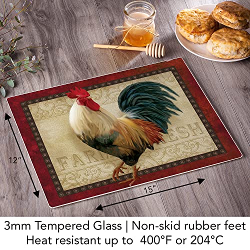 CounterArt Farm Fresh Rooster 3mm Heat Tolerant Tempered Glass Cutting Board 15” x 12” Manufactured in the USA Dishwasher Safe