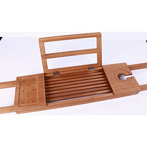 Ginsey Teak Bathtub Caddy Tray - Expandable Teak Bath Tray for Tub with Wine and Book Holder