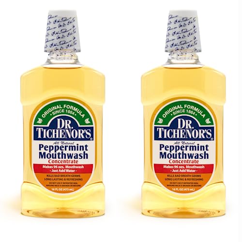 Dr. Tichenor's Peppermint Mouthwash Concentrate - Oral Rinse for Bad Breath and Oral Health with a Minty Punch for Soothing Relief of Minor Sore Throat Irritation - 16 Ounce (Pack of 2)