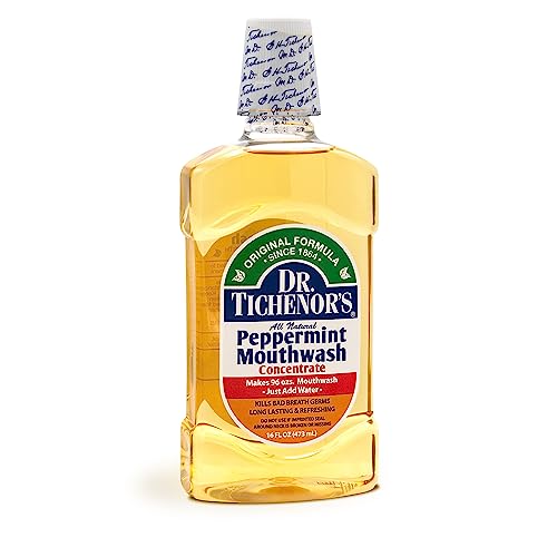 Dr. Tichenor's Peppermint Mouthwash Concentrate - Oral Rinse for Bad Breath and Oral Health with a Minty Punch for Soothing Relief of Minor Sore Throat Irritation - 16 Ounce (Pack of 2)