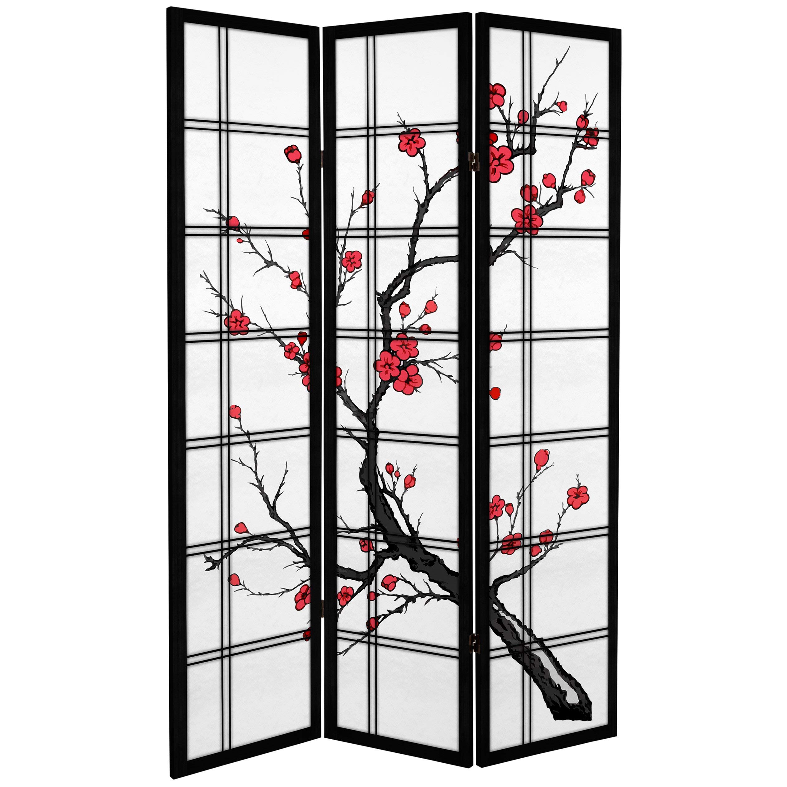 Oriental Furniture 6 ft. Tall Canvas Cherry Blossom Room Divider - Black - 3 Panels