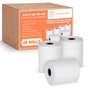 tthermal printer receipt paper rolls for cash registers and pos print paper systems 3-1/8" x 230' - 48 gsm 50 rolls comaptible with square, clover, epson tmt88, tsp and more