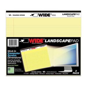 roaring spring wide college ruled legal pad, 2 pack, 11" x 9.5" 40 sheets, canary yellow, landscape orientation notepads, made in usa