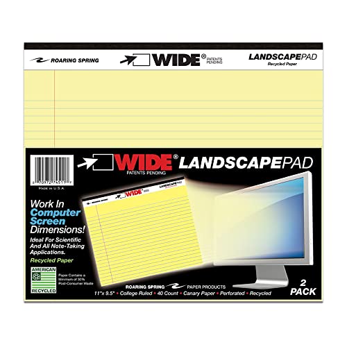 Roaring Spring Wide College Ruled Legal Pad, 2 Pack, 11" x 9.5" 40 Sheets, Canary Yellow, Landscape Orientation Notepads, Made in USA