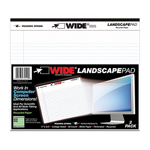 Roaring Spring Wide College Ruled Legal Pad, 2 Pack, 11" x 9.5" 40 Sheets, White, Landscape Orientation Notepads, Made in USA