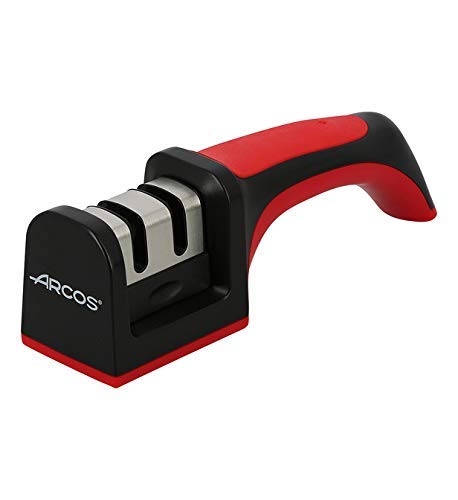 Arcos Sharpeners Manual Knife Sharpener tool. Made of ABS + TPE. Carbide and Ceramic Rollers. Keep Your Knives Razor Sharp. Black and Red Color