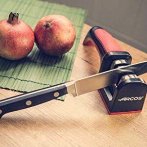 Arcos Sharpeners Manual Knife Sharpener tool. Made of ABS + TPE. Carbide and Ceramic Rollers. Keep Your Knives Razor Sharp. Black and Red Color