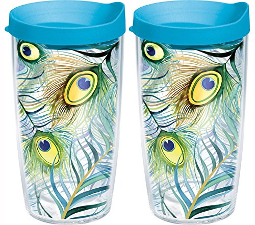 Tervis Peacock Tumbler with Wrap and Turquoise Lid 16oz, Clear