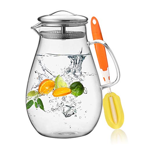 Hiware 64 Ounces Glass Pitcher with Lid/Water Pitcher with Handle - Good Beverage Carafe Pitcher for Juice, Milk, Beverage, Hot/Cold Water & Iced Tea, Cleaning Brush Included