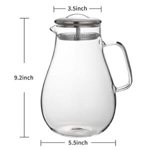 Hiware 64 Ounces Glass Pitcher with Lid/Water Pitcher with Handle - Good Beverage Carafe Pitcher for Juice, Milk, Beverage, Hot/Cold Water & Iced Tea, Cleaning Brush Included