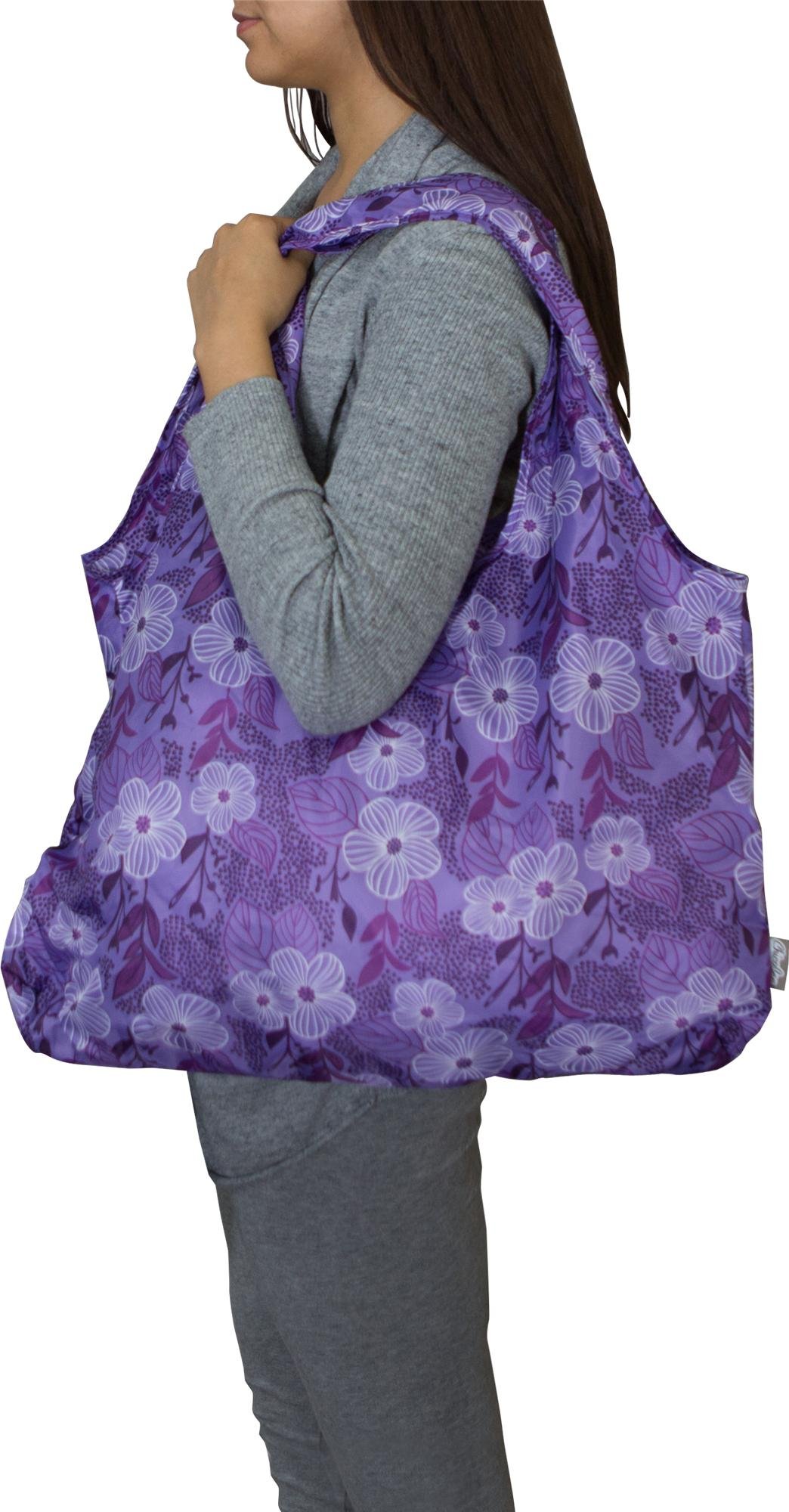 ChicoBag VITA Purple Blooms Designer Compact Reusable Shopping Tote with Attached Pouch and Carabiner Clip - Bliss