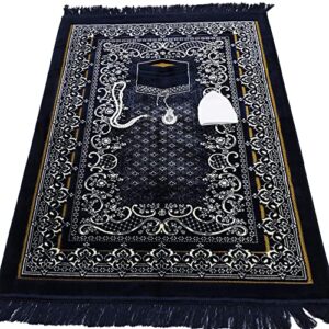 modefa free prayer cap, beads & car hanger, islamic prayer rug janamaz - plush velvet wide (navy blue)
