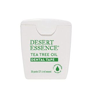 desert essence, tea tree dental tape 30 yd - gluten free - cruelty free - naturally waxed with bees wax - thick floss no shred tape - tea tree oil - removes plaque and build up