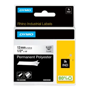 dymo rhinopro permanent adhesive polyester fabric thermal transfer label tape, 1/2-inch (12 mm), black type on clear, (622289)