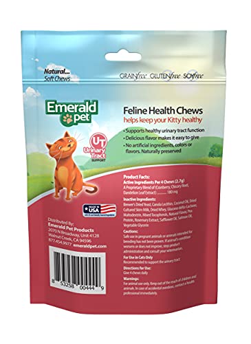 Emerald Pet Feline Health Chews UT Support — Natural Grain Free Urinary Tract Health Cat Chews — Cat Urinary Supplements with Cranberry, Chicory Root, and Dandelion Leaf Extract — Made in USA, 2.5 oz