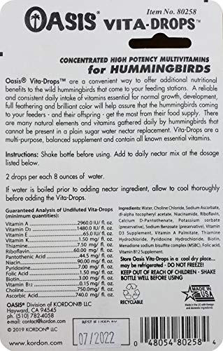 OASIS Hummingbird Vita Drops High Potency Multivitamins – Wild Bird Nutritional Supplement, Promotes Brilliant Color & Feathering, Revitalizes Incoming Migrant Birds, 2-Ounces