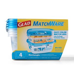 gladware matchware food storage containers, 4 count rectangular containers & lids | bpa free easy match food storage | lids fit 2-4 cup size containers | microwave-safe, freezer-safe, dishwasher-safe