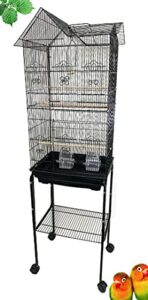63" roof top bird flight rolling stand pet cage for cockatiel sun conure parakeet finch budgie lovebird canary (18l x 14w x 63h inches, black)