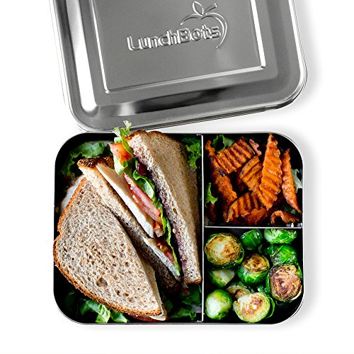 LunchBots Large Trio Stainless Steel Lunch Container -Three Section Design for Sandwich and Two Sides - Metal Bento Lunch Box - Eco-Friendly - Stainless Lid - Staineless Steel