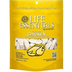 life essentials by cat-man-doo all natural freeze dried chicken for dogs & cats - no fillers, preservatives, or additives - grain free tasty treat - 5 oz bag - made in usa