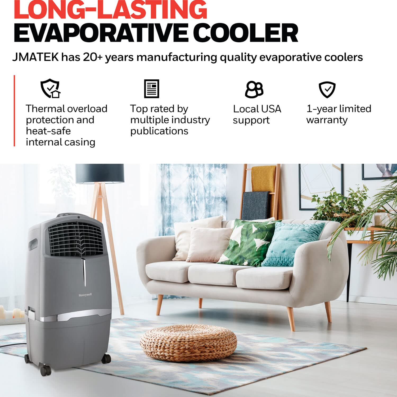 Honeywell 525 CFM Indoor Portable Evaporative Air Cooler, Fan & Humidifier with Ice Compartment & Remote, Gray
