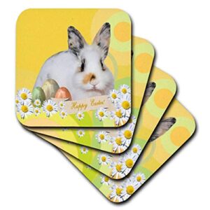 3drose cst_174064_1 calico bunny rabbit with daisy flowers and three easter eggs, happy easter-soft coasters, set of 4