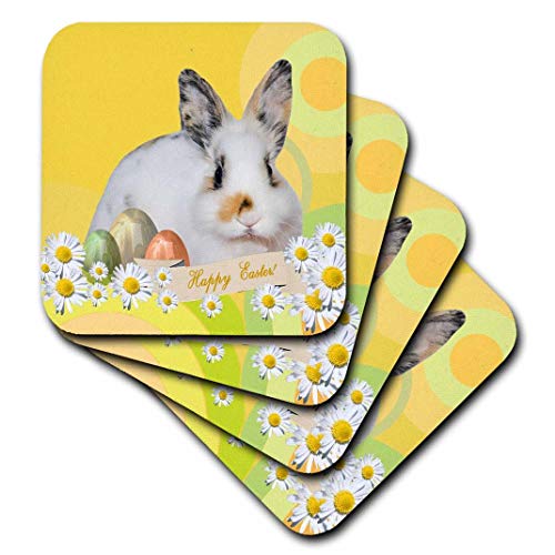 3dRose cst_174064_1 Calico Bunny Rabbit with Daisy Flowers and Three Easter Eggs, Happy Easter-Soft Coasters, Set of 4