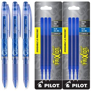 pilot frixion point gel ink stick pens, erasable, extra fine point 0.5mm, blue ink, pack of 3 with bundle refills