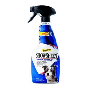 absorbine showsheen bath in a bottle waterless shampoo for dogs, 5-in-1 formula: clean, condition, deodorize, detangle, instant spot remover, 16oz spray