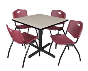 cain 36" square breakroom table- maple & 4 'm' stack chairs- burgundy