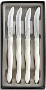 cutco #1865 set of 4 white (pearl) model 1759 table knives, each in a factory sealed plastic bag, inside attractive blue cutco box..............3.8" double-d® serrated 440a high-carbon, stainless steel blades and 5" handles
