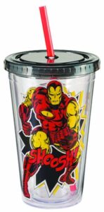 vandor llc 26414 marvel iron man 18 oz acrylic travel cup with lid and straw, red, back, and yellow -