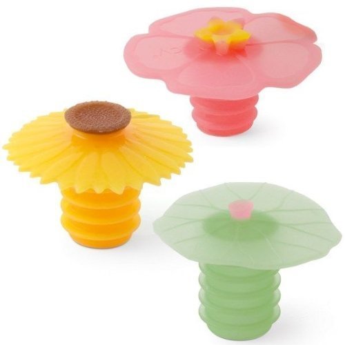 Charles Viancin Wine Bottle Stopper-Lily Pad, Sunflower & Hibiscus, Set of 3, multicolor