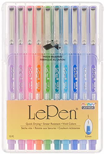 Uchida Of America 4300-10C 10-Piece 0.3 Point Size Le Pen Drawing Pen Set, Blue, Orange, Lavender, Pink, Light Blue