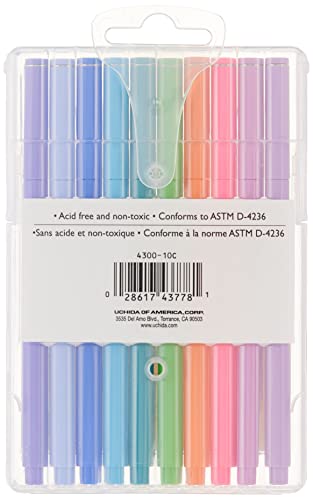 Uchida Of America 4300-10C 10-Piece 0.3 Point Size Le Pen Drawing Pen Set, Blue, Orange, Lavender, Pink, Light Blue