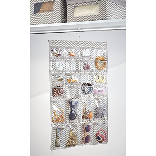 InterDesign Chevron Fabric Hanging Jewelry Organizer – 48 Pocket Accessory Storage Hanger for Closets or Doors, Taupe/Natural