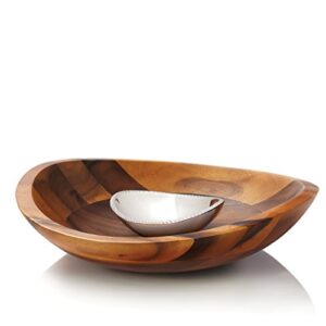 nambe braid chip and dip serving bowl | made of acacia wood | inner bowl made of metal alloy | chill or heat to serve dip | measures 16-inches | designed by sean o’hara