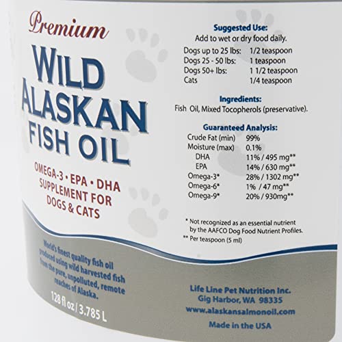 Life Line Pet Nutrition Wild Alaskan Fish Oil Omega-3 Supplement for Skin & Coat – Supports Brain, Eye & Heart Health in Dogs & Cats, 128oz