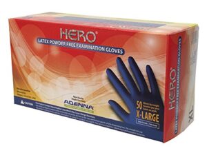 adenna her008 hero 14 mil powder-free latex gloves, extended cuff, medical grade, blue, x-large, box of 50