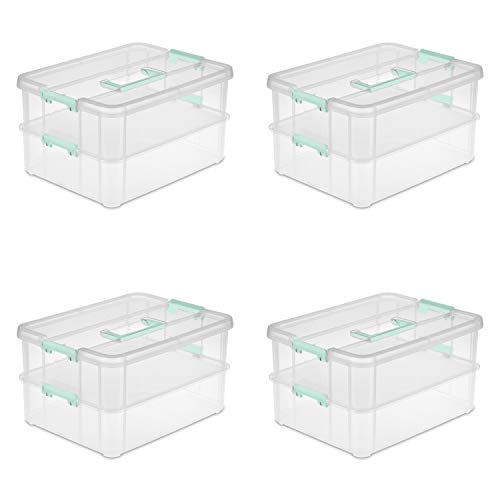 Sterilite Stack & Carry 2 Layer Box Small Storage, Clear, Pack of 4