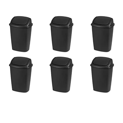 Sterilite 10689006 7.5 Gallon SwingTop Wastebasket, Black Lid and Base, 6-Pack