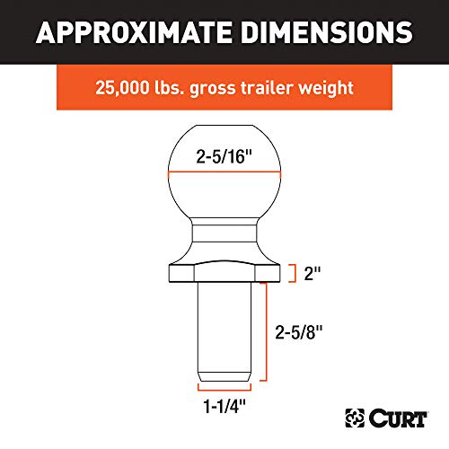 CURT 40087 Raw Steel Trailer Hitch Ball, 25,000 lbs, 2-Inch Rise, 2-5/16-Inch Diameter, 1-1/4 x 2-5/8-Inch Shank