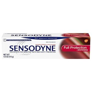 sensodyne toothpaste for sensitive teeth and cavity prevention, maximum strength, full protection, 4-ounce tubes (1)
