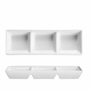 fortessa fortaluxe vitrified china dinnerware, rectangular 3-compartment dipping tray, 7.25-inch, set of 6